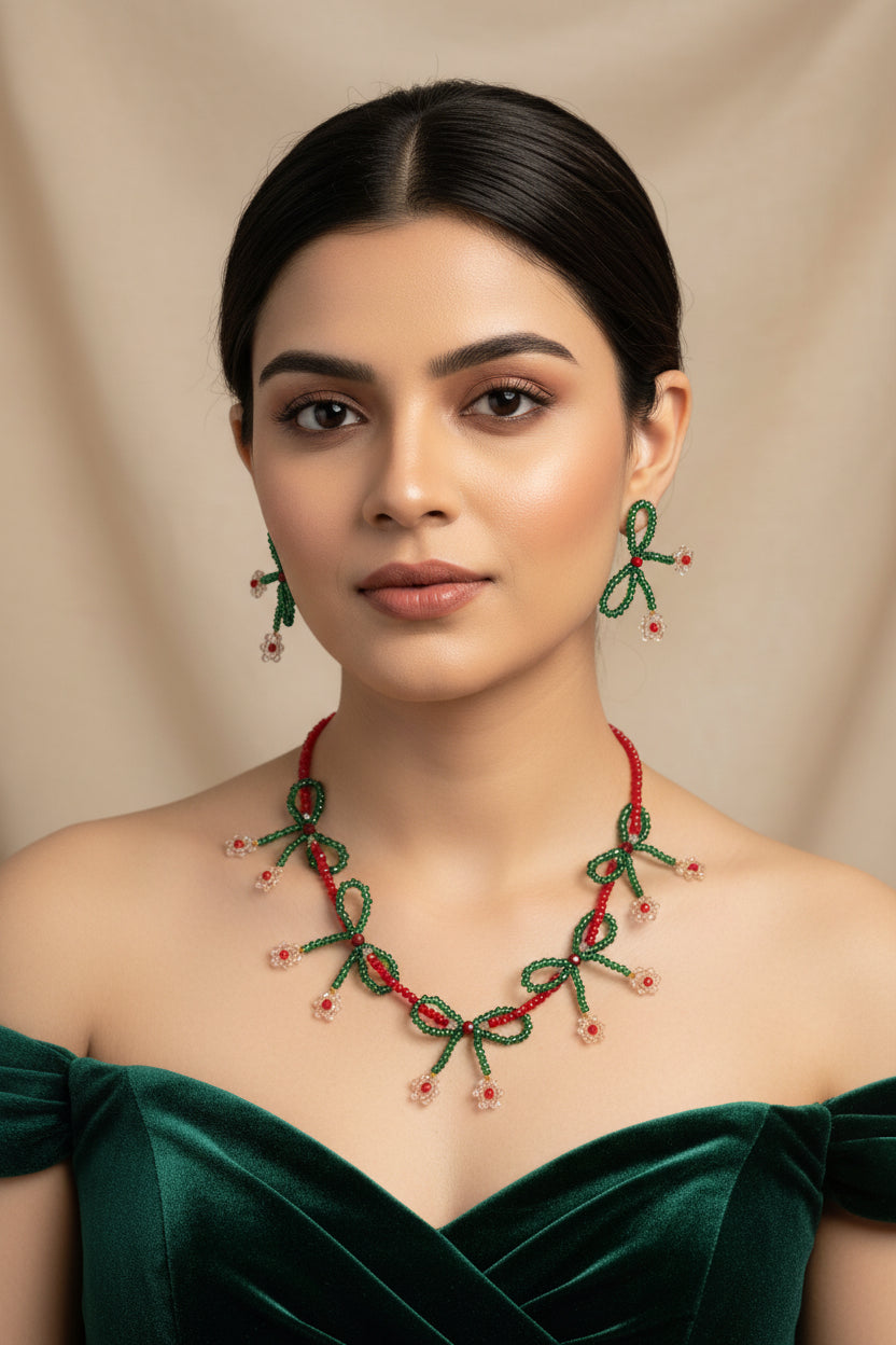 Red Green Bow Necklace Set