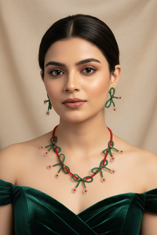 Red Green Bow Necklace Set