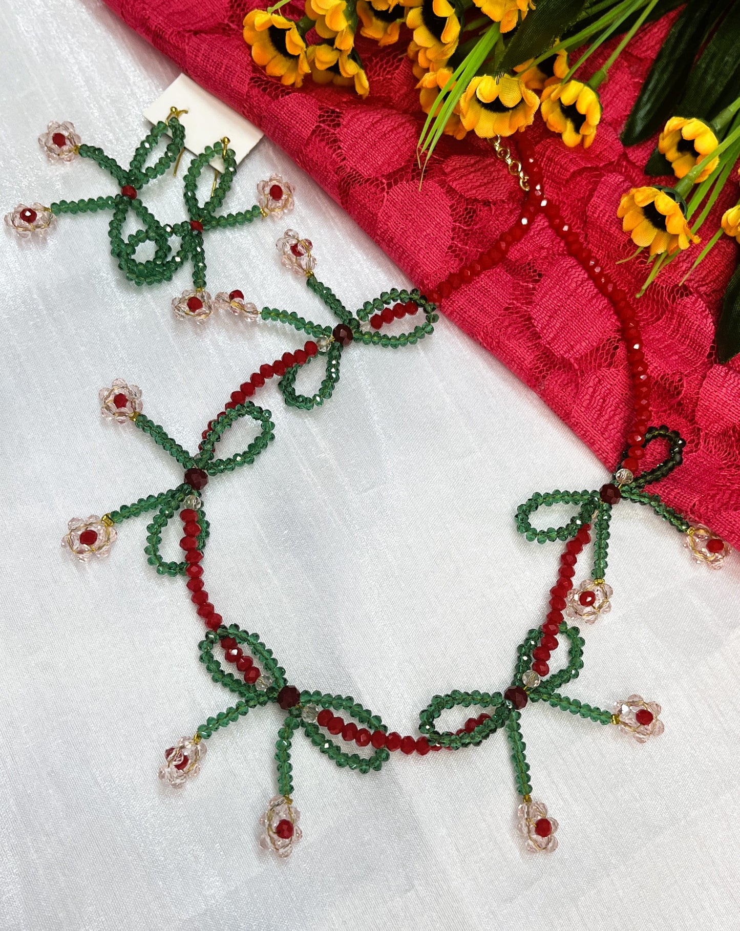 Red Green Bow Necklace Set