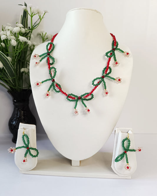 Red Green Bow Necklace Set