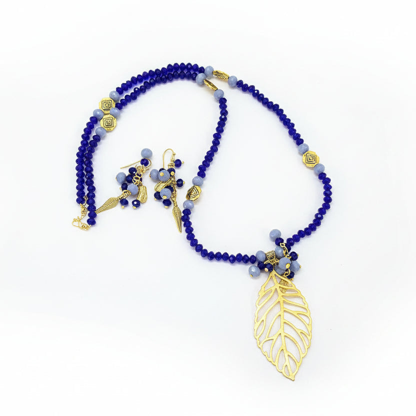 Blue Grey Leaf Necklace Set