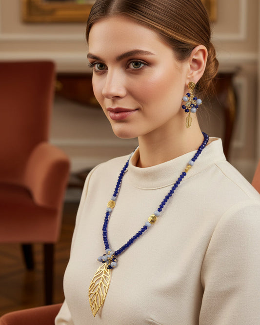 Blue Grey Leaf Necklace Set