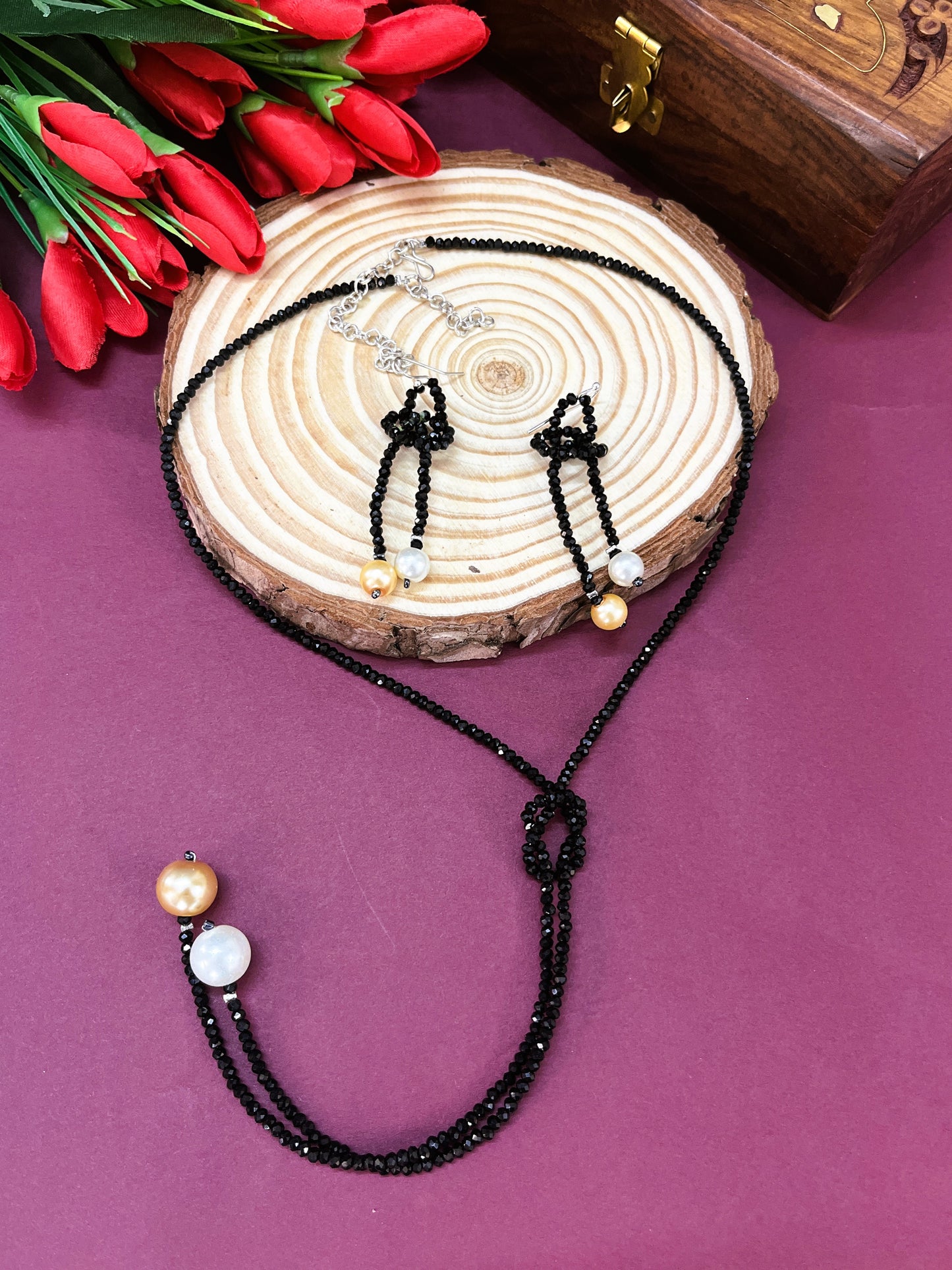 Pearl Drops-Tie Black Opera Necklace-Set