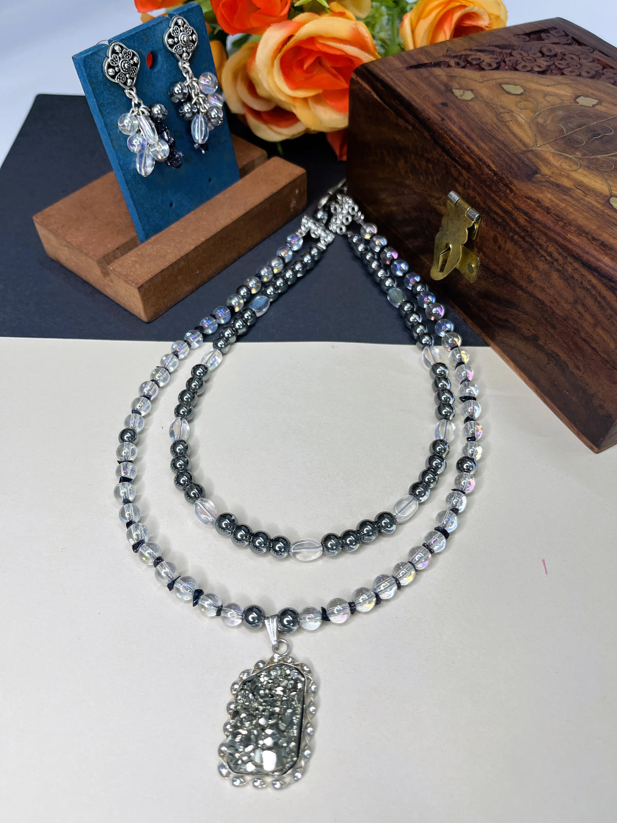 Black Crushed Pyrite Necklace Set