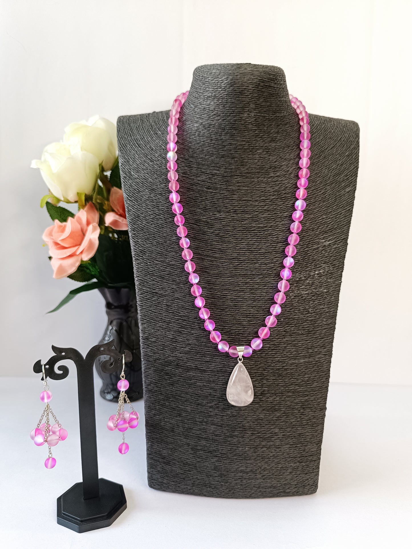Rose Quartz Pendent Necklace Set