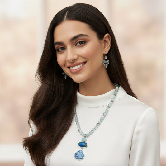 Aqua-Blue Gemstone Pendant Necklace Set