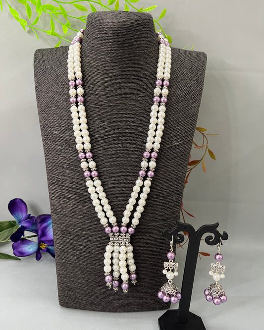 White Violet Pearl Necklace Set