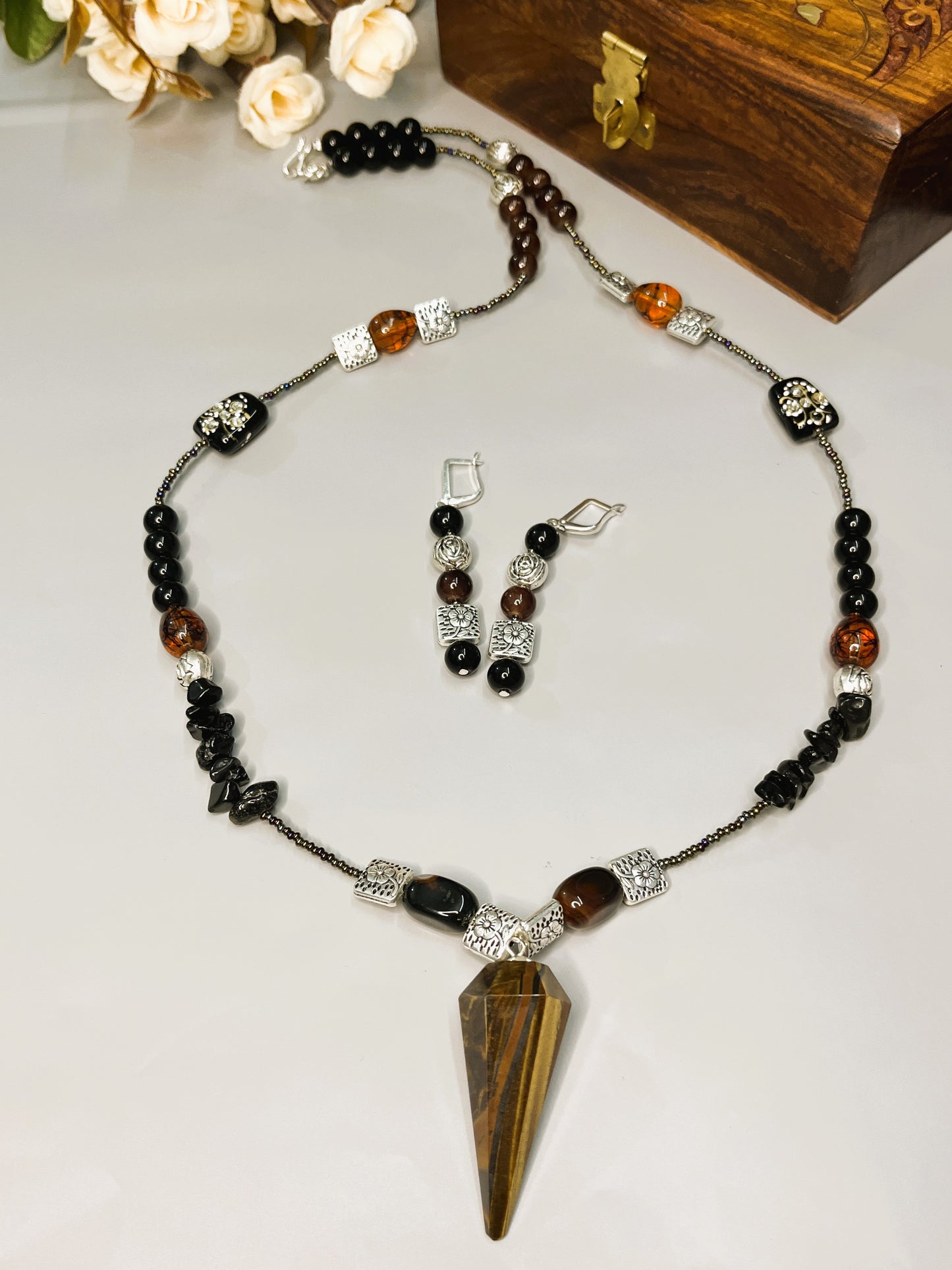 Brown Tiger’s eye Cone Pendant Necklace Set