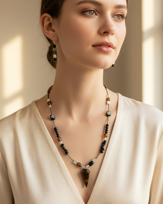 Brown Tiger’s eye Cone Pendant Necklace Set