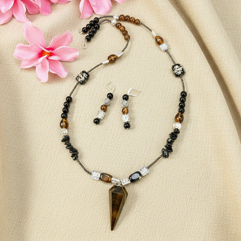 Brown Tiger’s eye Cone Pendant Necklace Set
