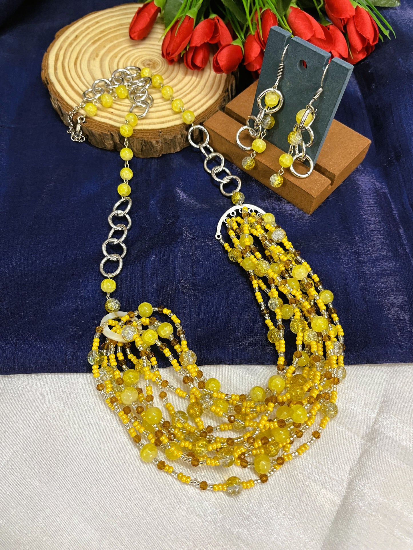 Artistic Yellow Beaded Necklace Set