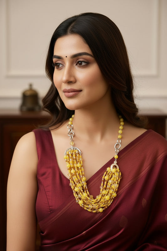 Artistic Yellow Beaded Necklace Set