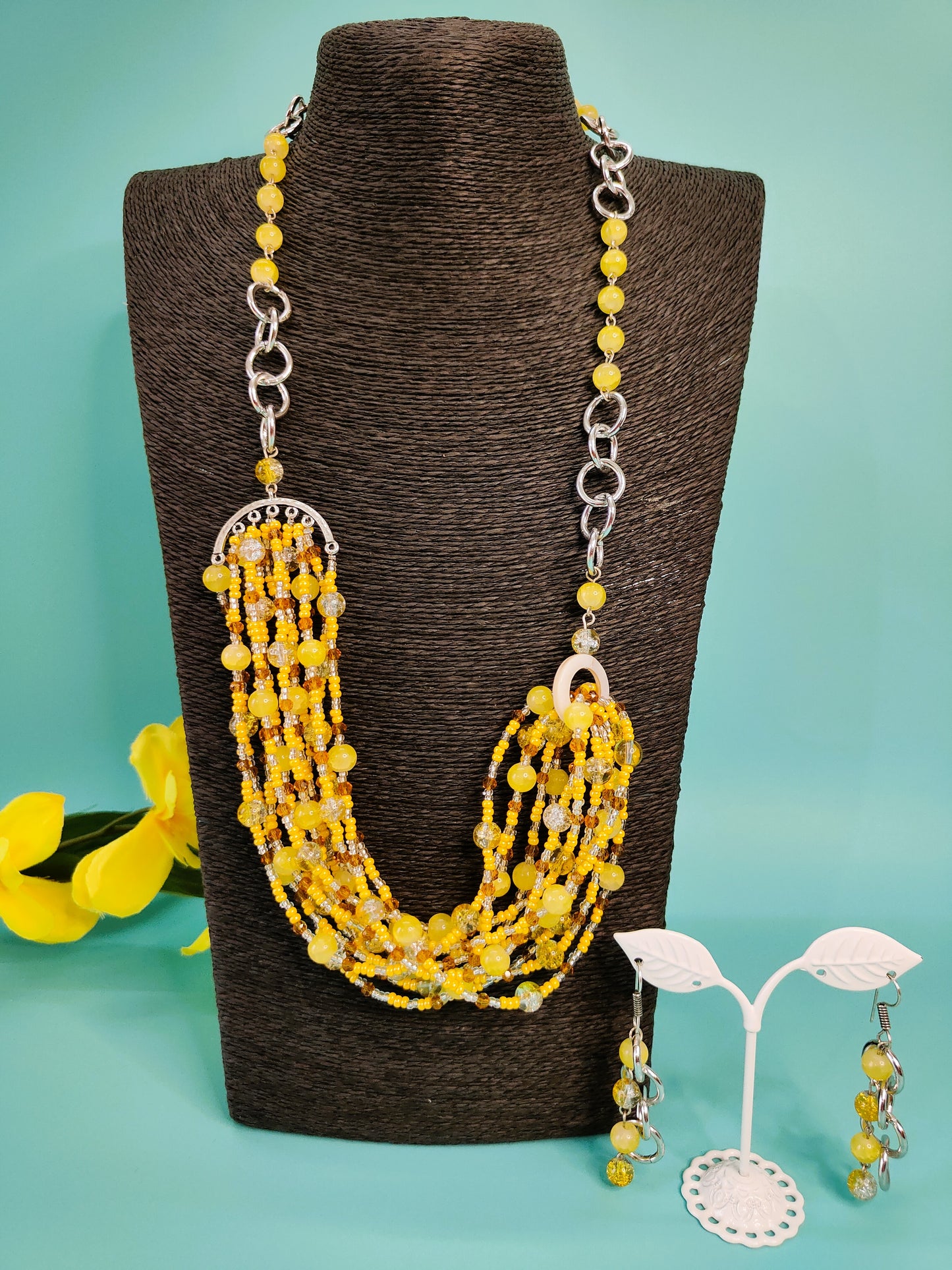 Artistic Yellow Beaded Necklace Set
