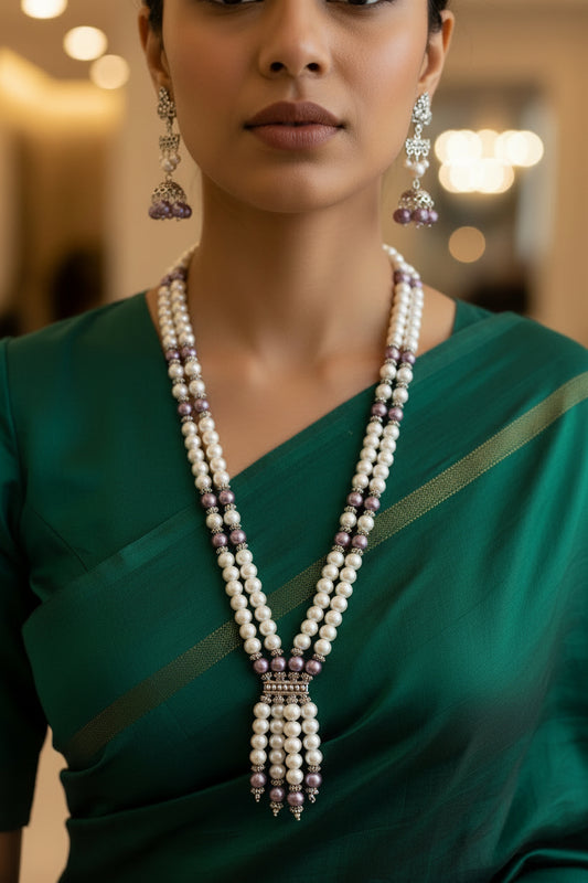 White Violet Pearl Necklace Set