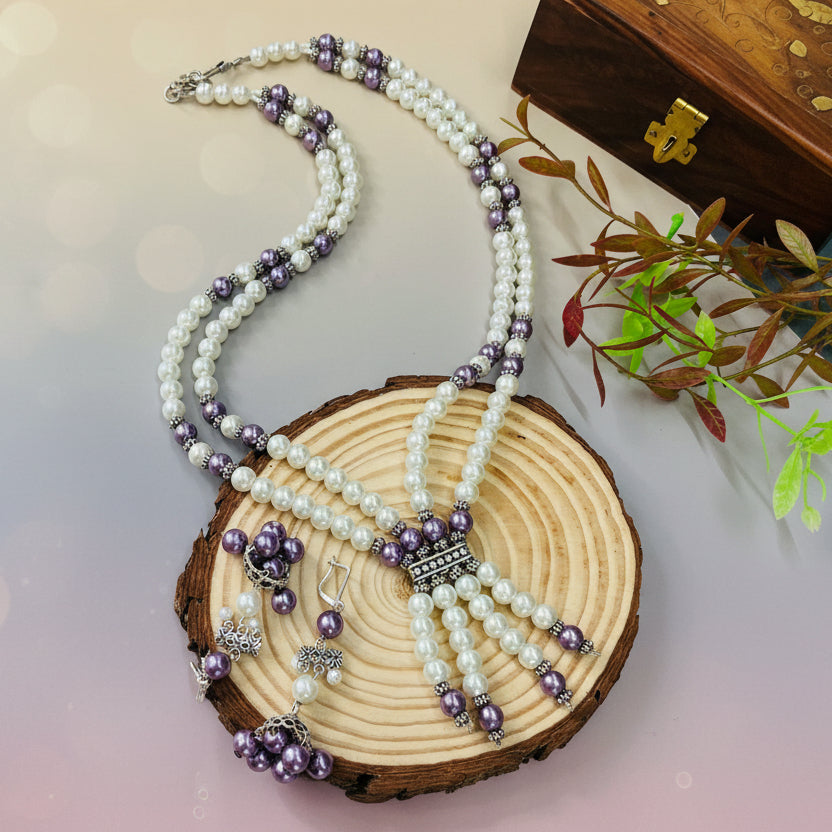 White Violet Pearl Necklace Set