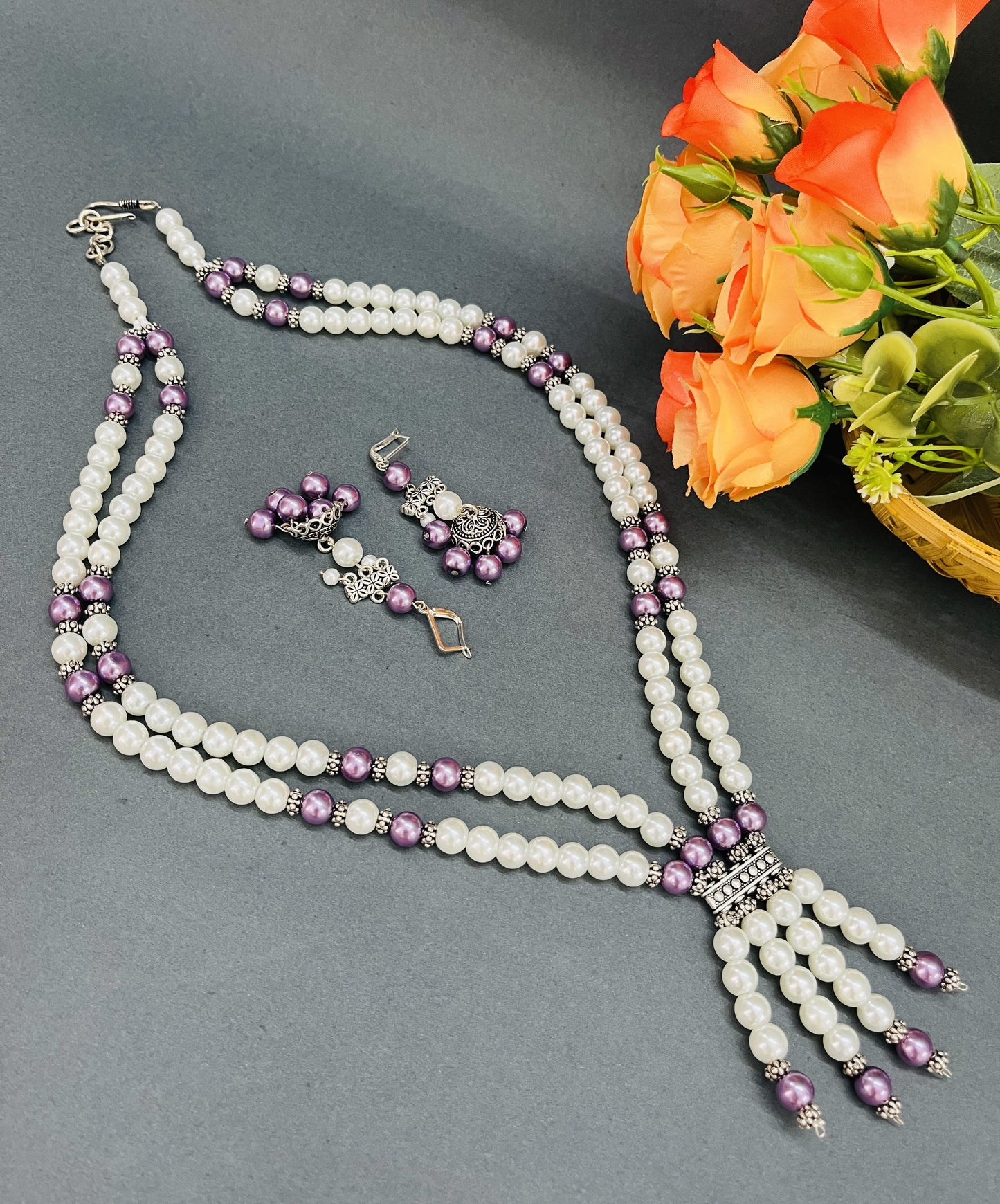 White Violet Pearl Necklace Set