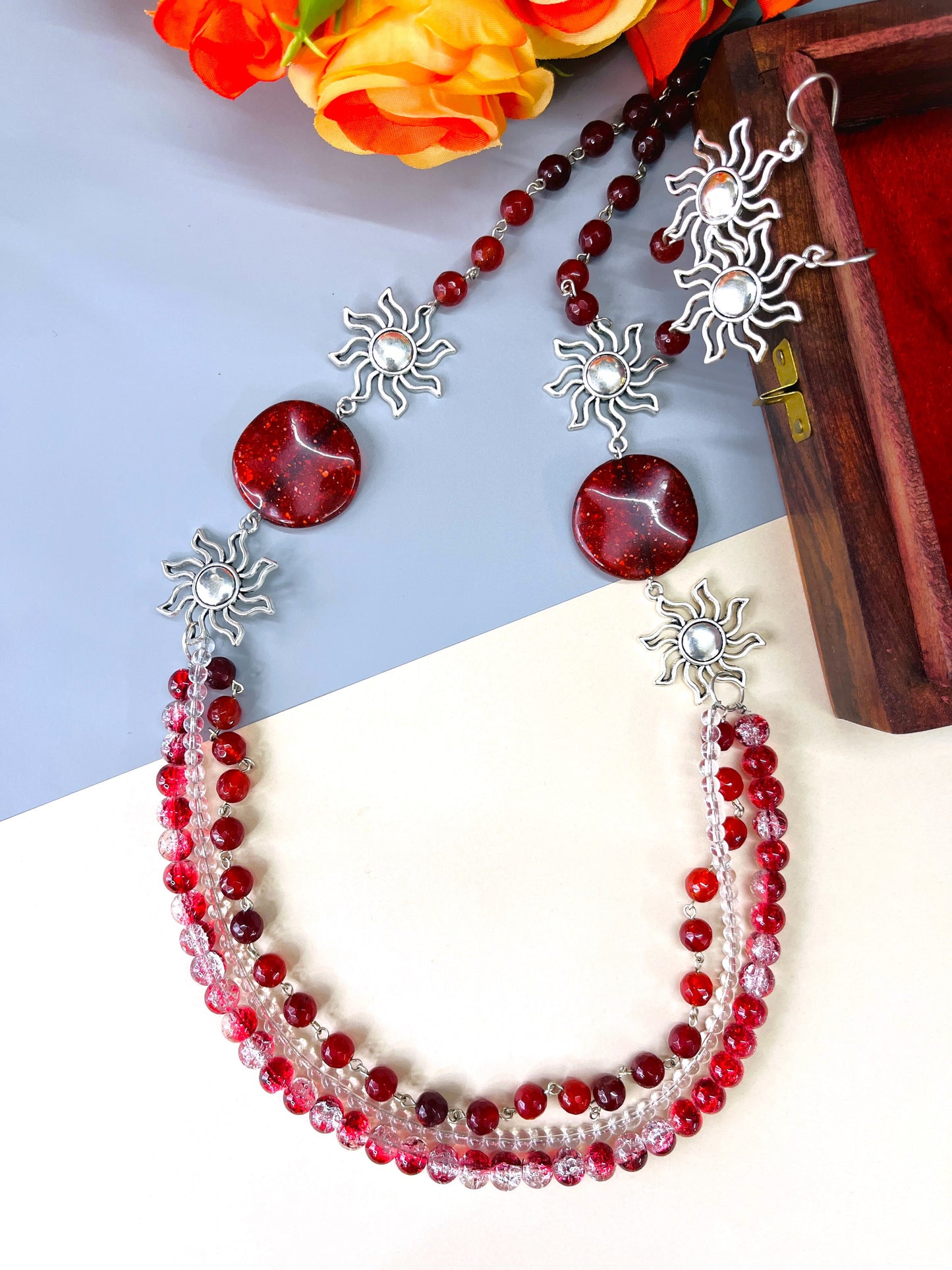 Maroon Sun Charm Necklace Set