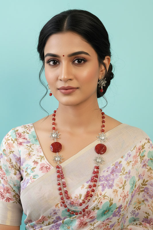 Maroon Sun Charm Necklace Set