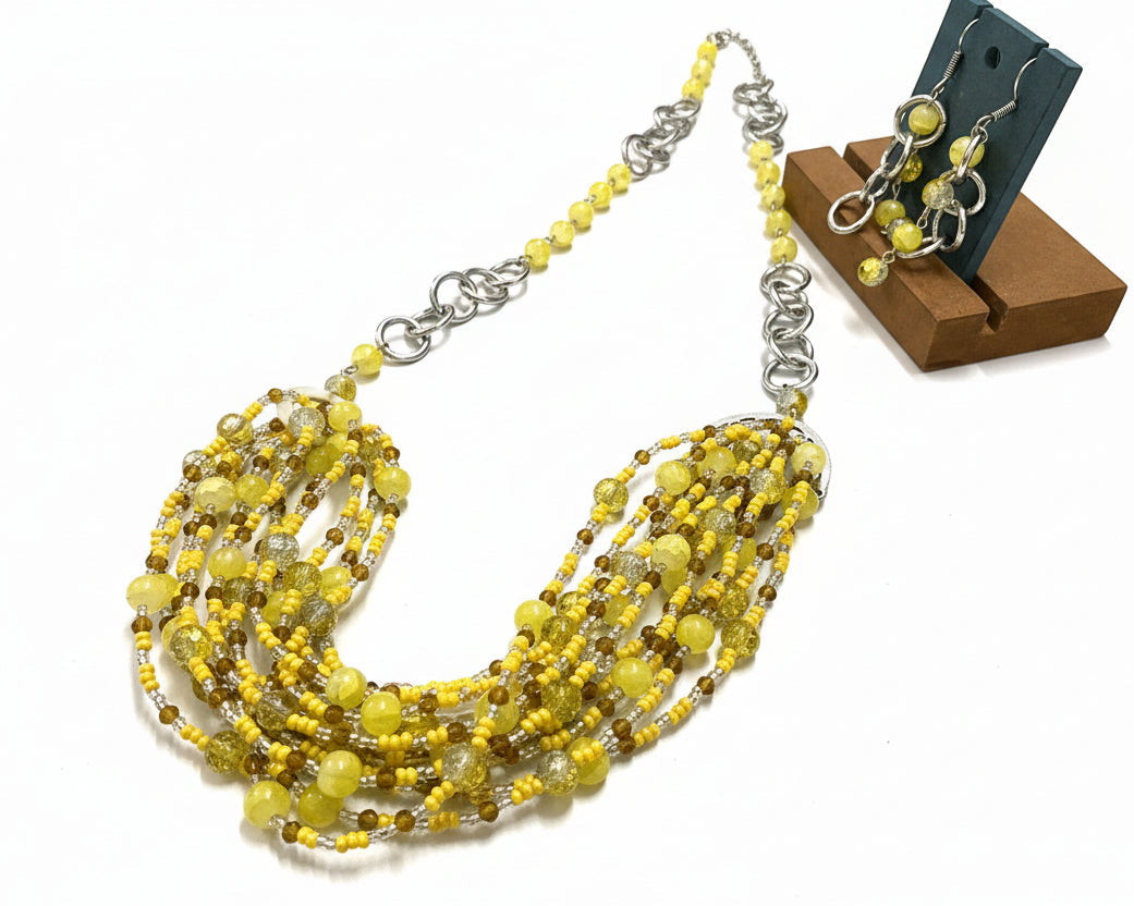 Artistic Yellow Beaded Necklace Set