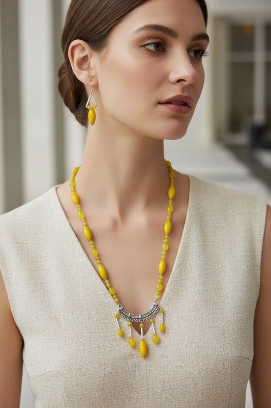 Yellow Silver Tube Necklace Set