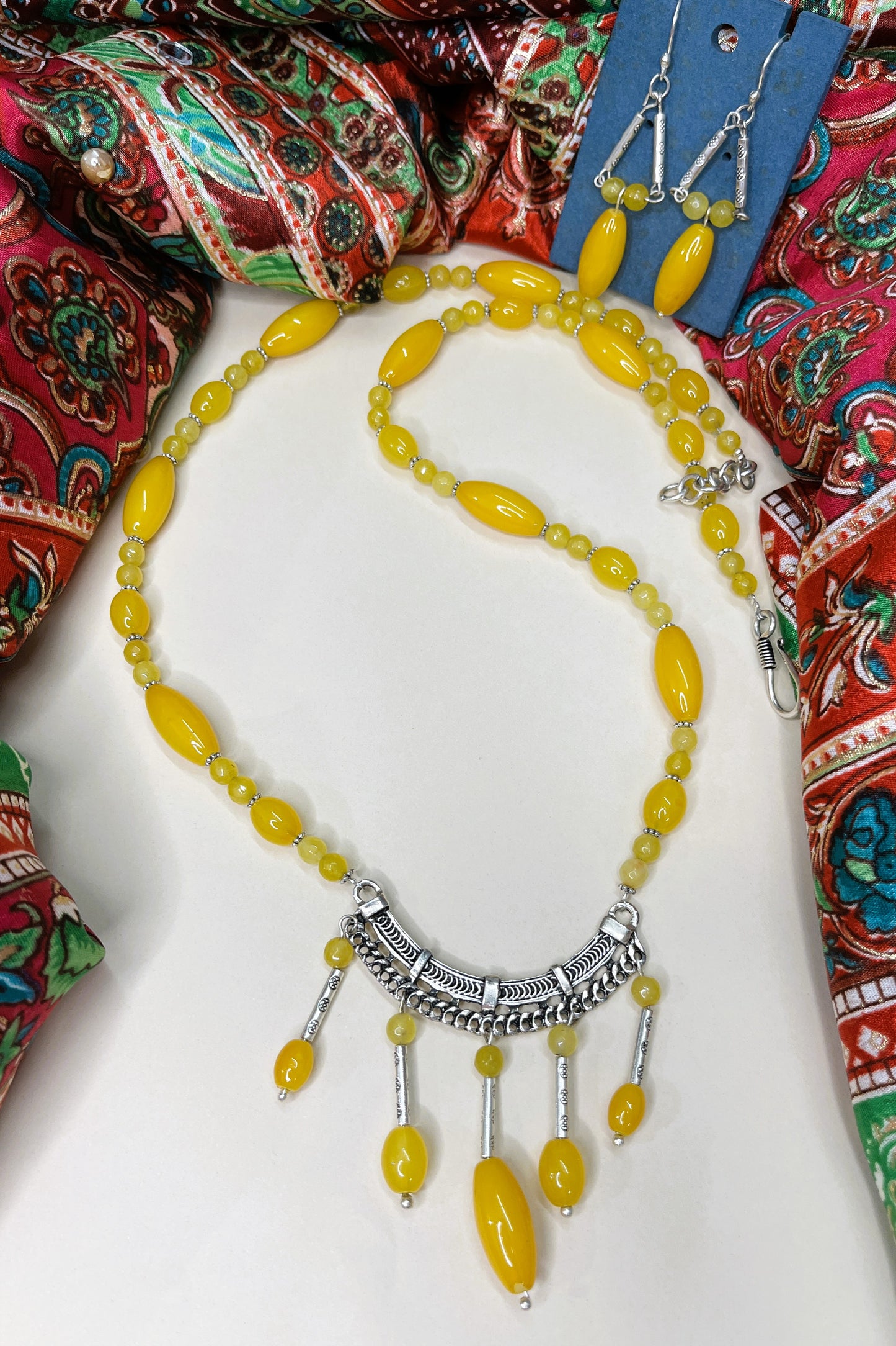 Yellow Silver Tube Necklace Set